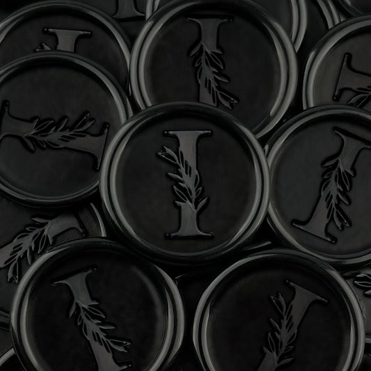 100Pcs Black Wax Seal Stickers Handmade Vintage Botanical Leaves Adhesive Letter Wax Stickers for Wedding Party Invitations, Envelope, Gift Wrap, Christmas(Initial I, Black)