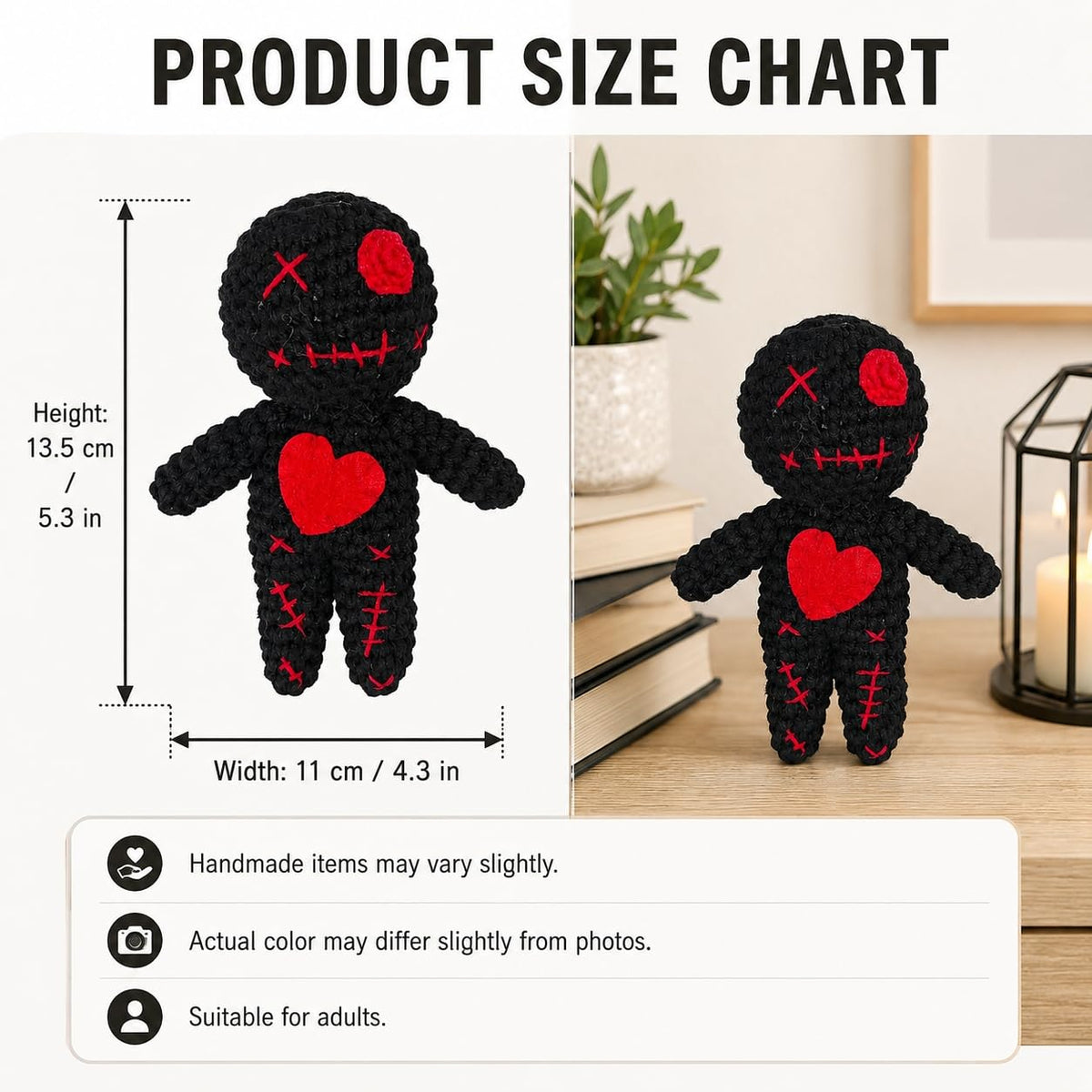 Creepy Voodoo Doll Funny Crochet Ghost Ornaments Stress Relief Fidget Toy Spooky Gothic Decor Handmade Knitted Emotional Support Plush for Halloween Christmas Prank Gag Gift (Black)