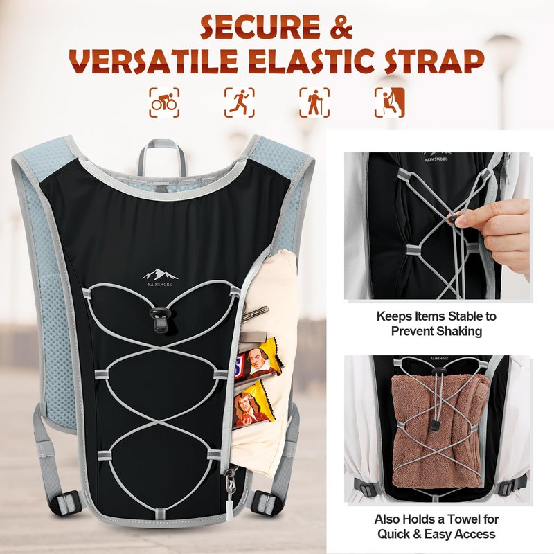 RAINSMORE Running Hydration Vest with 500ml Soft Flask, Waterproof Phone Pocket, Lightweight Hydration Pack, Adjustable No-Bounce Straps for Trail Running, Marathon, Cycling Black