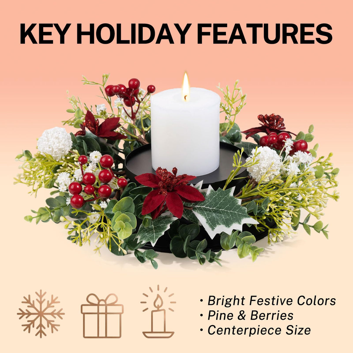MOYEE Winter Christmas Candle Holder Centerpieces for Tables,Candle Ring, Black Metal Candlestick with an Artificial Wreath 14 in Versatile Dining Table Centrepiece (White Ball Wreath)