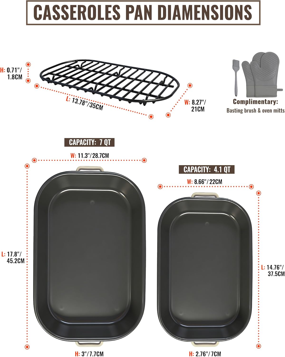 Skiennix Casserole Dishes Set - 6-Pack Oven Lasagna Pans with Handles & Racks | 14 & 17 Inch Non-Stick Bakeware