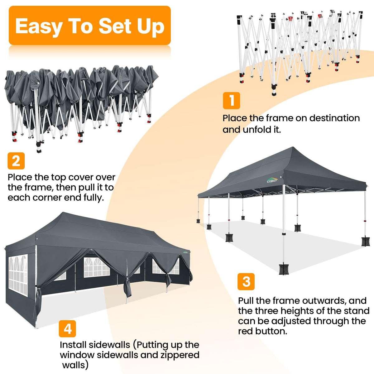 COBIZI 10x30 Pop up Canopy with Roller Bag & 8 Removable Sidewalls, Canopy Tent for Parties, Wedding, and Commercials, Waterproof and Instant Shelter UV50+ Outdoor Gazebo with 4 Sandbags(Gray)
