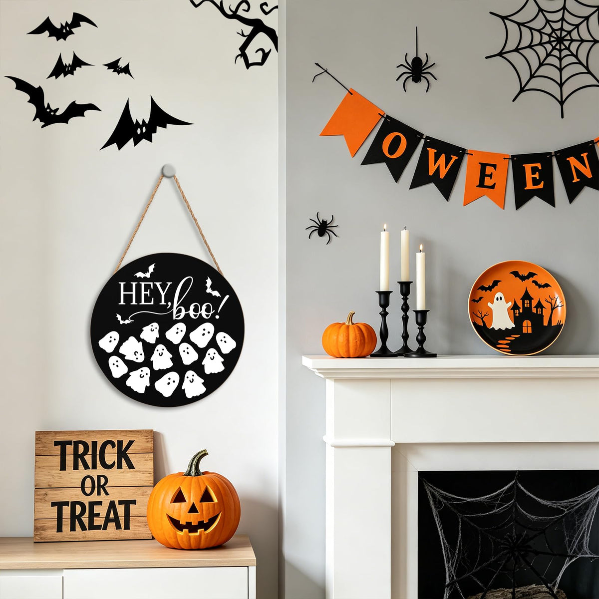 Hey Boo Sign 12x12 Inch Halloween Wreaths for Front Door Halloween Ghost Wood Door Hanger Black Boo Sign Farmhouse Holiday Decorations Wall Hanging Plaque for Trick or Treat Party Inside Outside