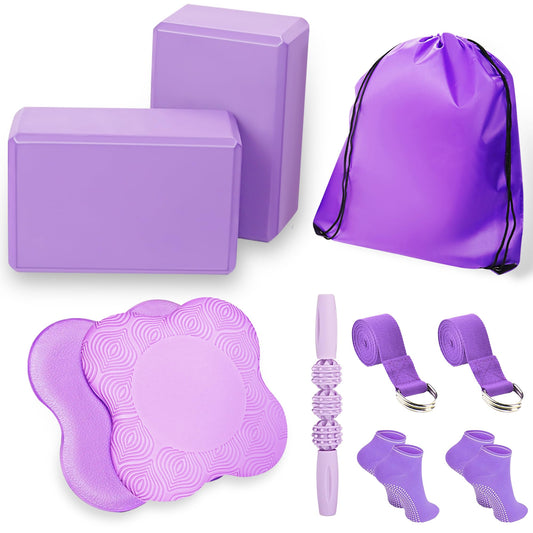 SAMTKA 2 Yoga Blocks Supportive Accessories including 2 Knee Pads, 2 With Strap To Put Less Weight On Wrists, 1 Muscle Massage Roller, 2 Pair of Non-Slip Pilates Socks, 1 GYM Bag, Durable Versatile Yoga Brick Exercise Set of 10