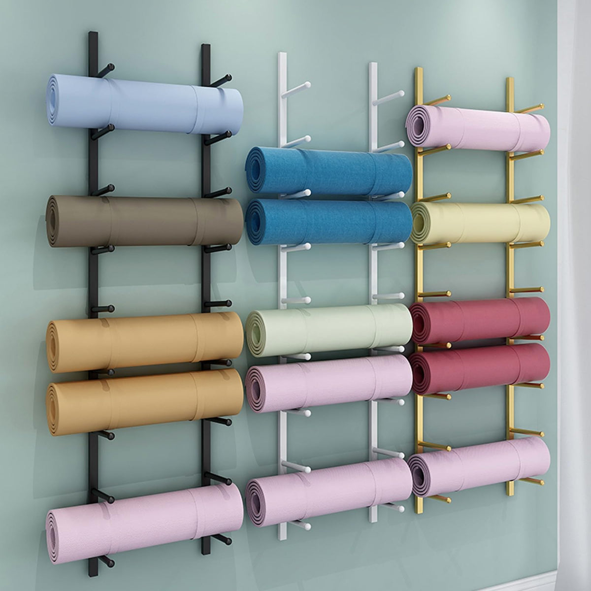 amhricho Yoga Mat Storage Rack, Wall Mounted Yoga Mat Holder, Large Capacity Storage Shelf, Multi-layer Storage, Home Hanging Storage Racks, Suitable for Home, Yoga Studio, Gym, School(Black,4-Tier)