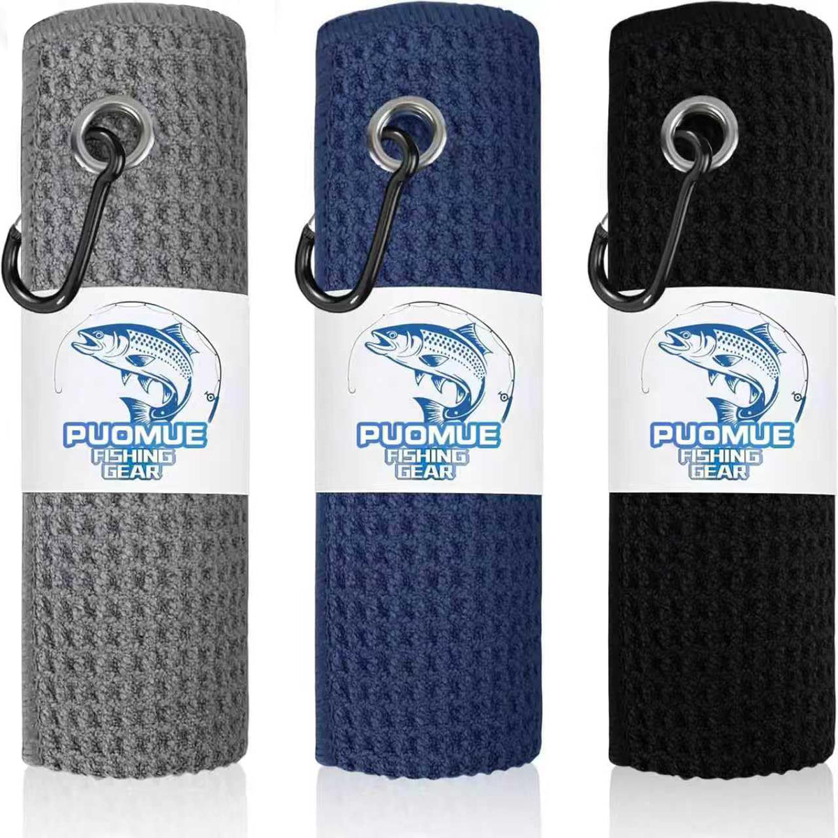 Puomue 3 Pack Microfiber Fishing Towels with Clip, 16" X 16", Waffle Pattern for Effective Cleaning of Fishing Gears or Dirty Hands, Perfect for Camping Towels and Hiking Towles