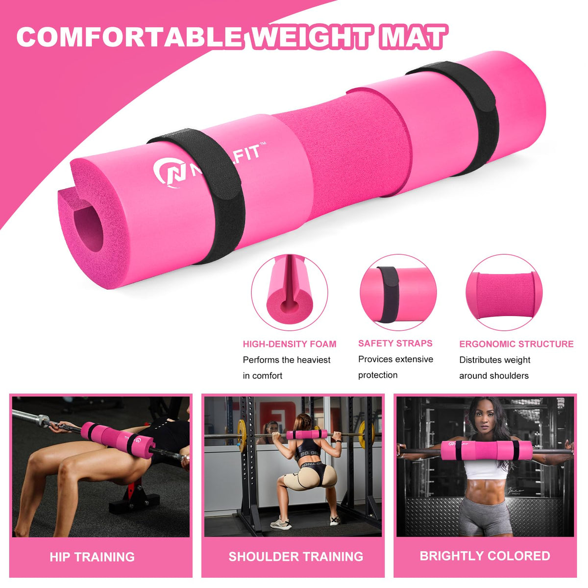 NEALFIT Barbell Pad Squat Pad for Squats—Squat Bar Pad—Great for Weightlifting,Lunges and Hip Thrusts—Foam Sponge Pad—Fit Standard and Olympic Bars Perfectly (Pink)