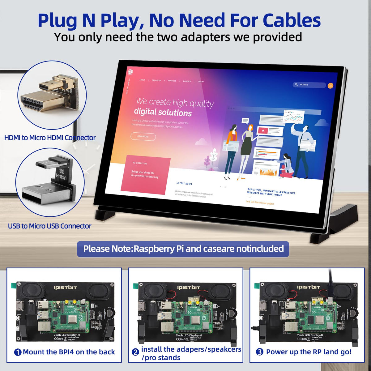 iPistBit Raspberry Pi Screen, 7 Inch Touchscreen Monitor, IPS 1024×600, Dual Built-in Speakers, HDMI Portable Monitor Compatible with Raspberry Pi 5/Pi 4B/3B+/3B, BB Black, Win11/10/8/7, Driver Free
