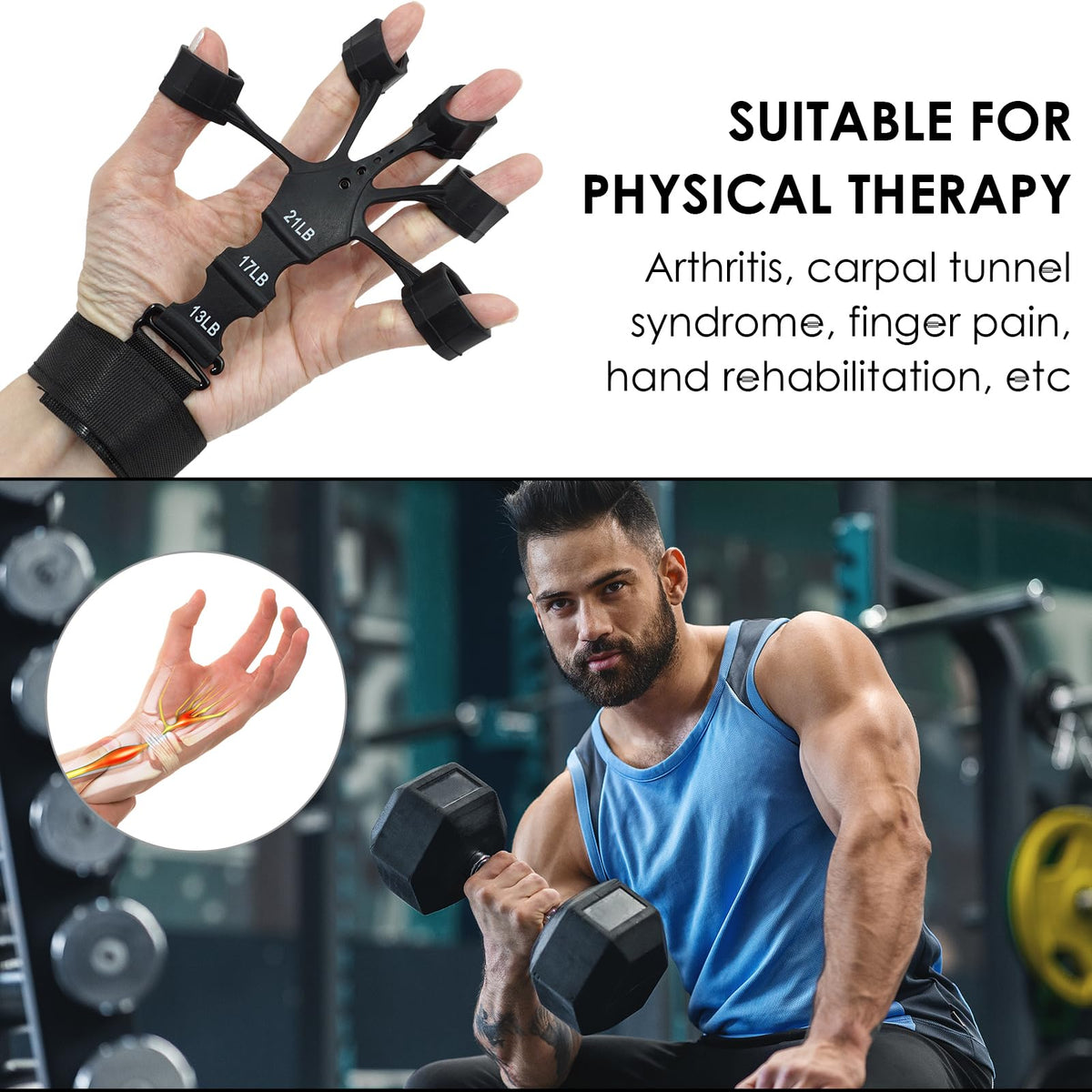 2PCS Grip Strength Trainer, Finger Exerciser, Double Sided Grip Strength Trainer for Rock Climbing and Hand Therapy, Adjustable Finger Extension Exerciser Builds Hand Strength for Relieve Pain(Black+Grey)