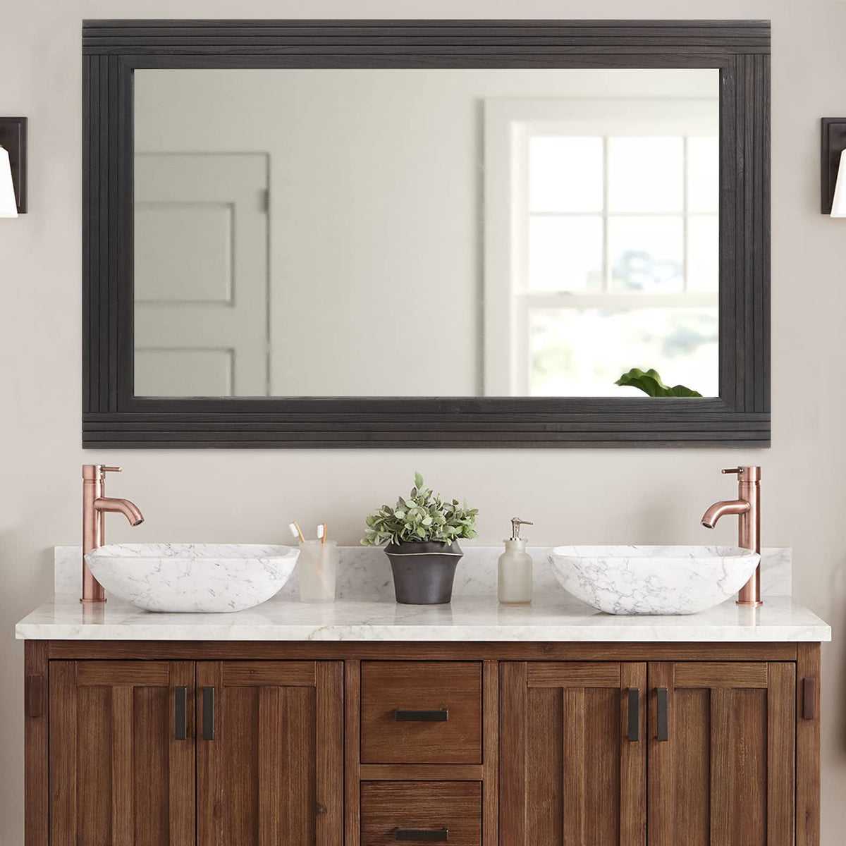 YOSHOOT Hand-Made Wooden Spliced Wall Mirror for Bathroom, Rustic Farmhouse Vanity Mirror, Décor Wall Art, Solid Wood Frame, Vertical or Horizontal Hanging, 60" x 30", Black