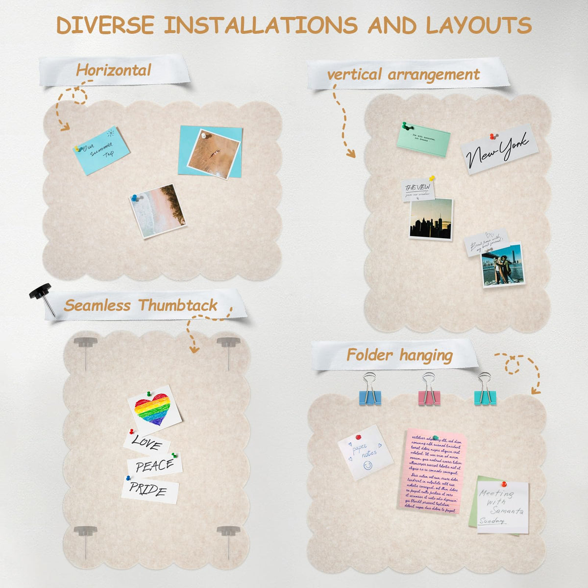 Felt Bulletin Board 36" x 24" Cork Board Alternative,Decorative Felt Pin Board Foldable Cork Boards for Walls Self-Adhesive Cork Board for Home Office Classroom Pin Board (Beige)