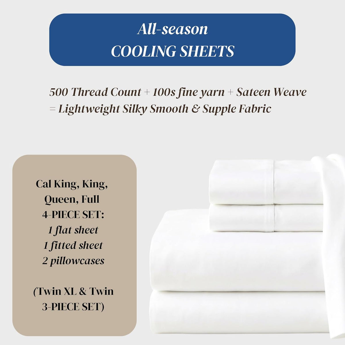 Beckham Hotel Collection King Size Sheet Set - 100% Cotton Sateen, Silky Smooth & Soft, 16” Deep Pocket | White