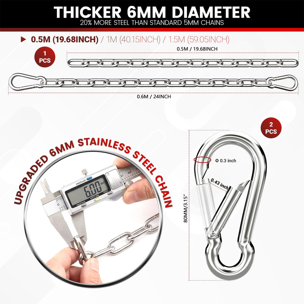 sprookber 1000LB Heavy Duty Hanging Swing Chain, 6mm Thick 304 Stainless Steel Hanging Chain with 2 Carabiners, 25" Hardware Kit for Hammock, Hanging Chair, Punching Bags, Tree, Indoor & Outdoor