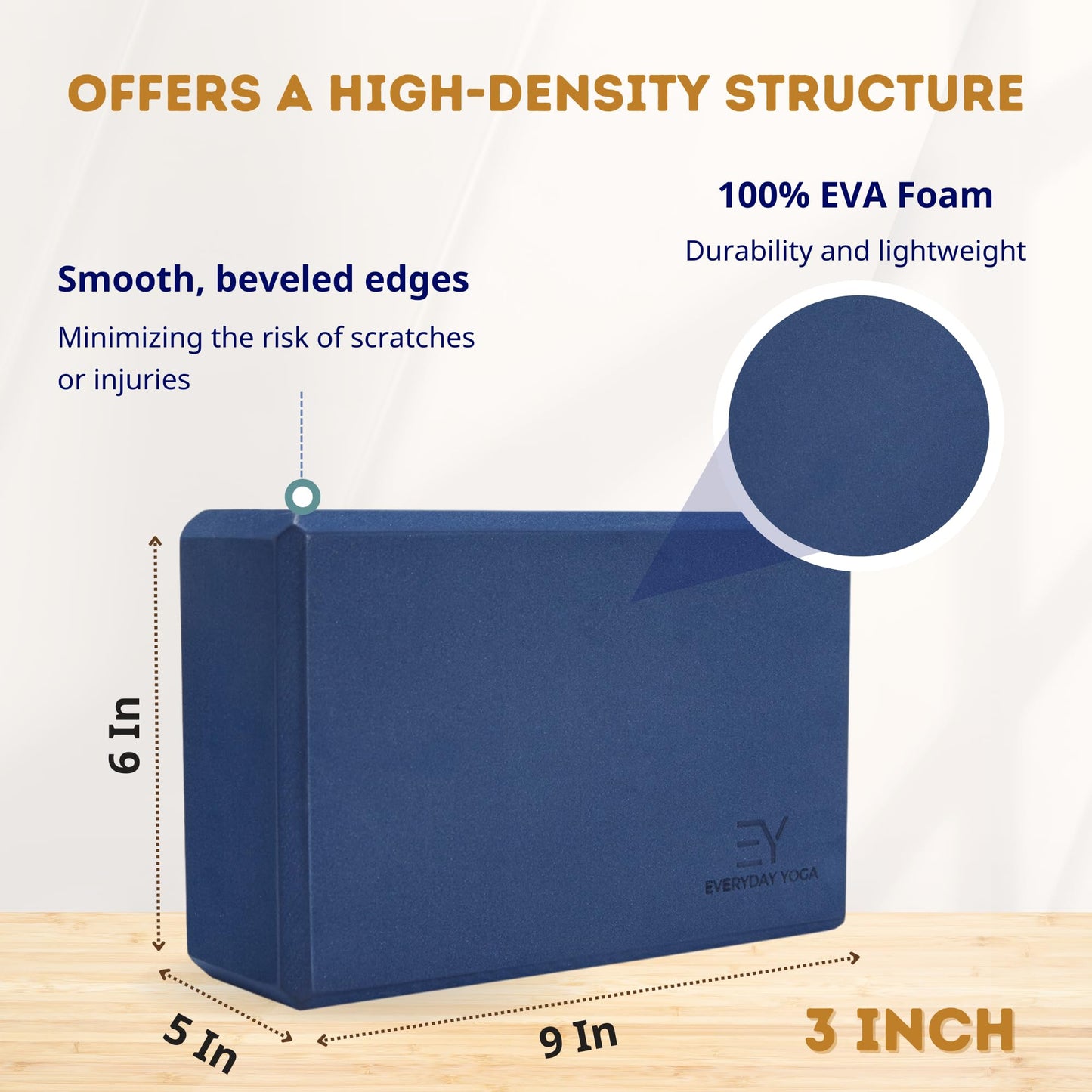 Everyday Yoga Foam Yoga Block 3 Inch - High-Density EVA Support Block for Stability, Balance & Flexibility, Lightweight, Durable & Comfortable - Black