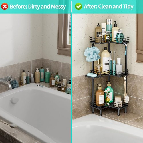 HapiRm Corner Shower Caddy - 3-Tier Rustproof Bathroom Organizer with Soap Holder & 4 Hooks | Black