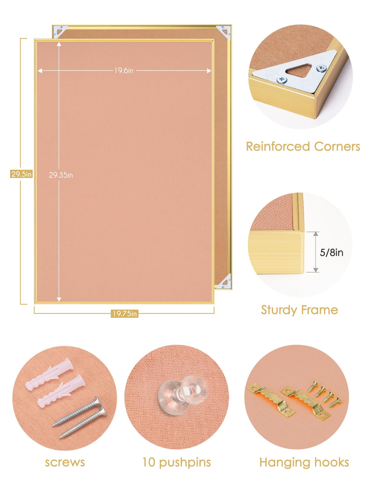Bulletin Board 30 x 20 inches, Aluminum Framed Fabric Cork Board with 10 Push Pins (Blush Coral, 30 x 20 inches)