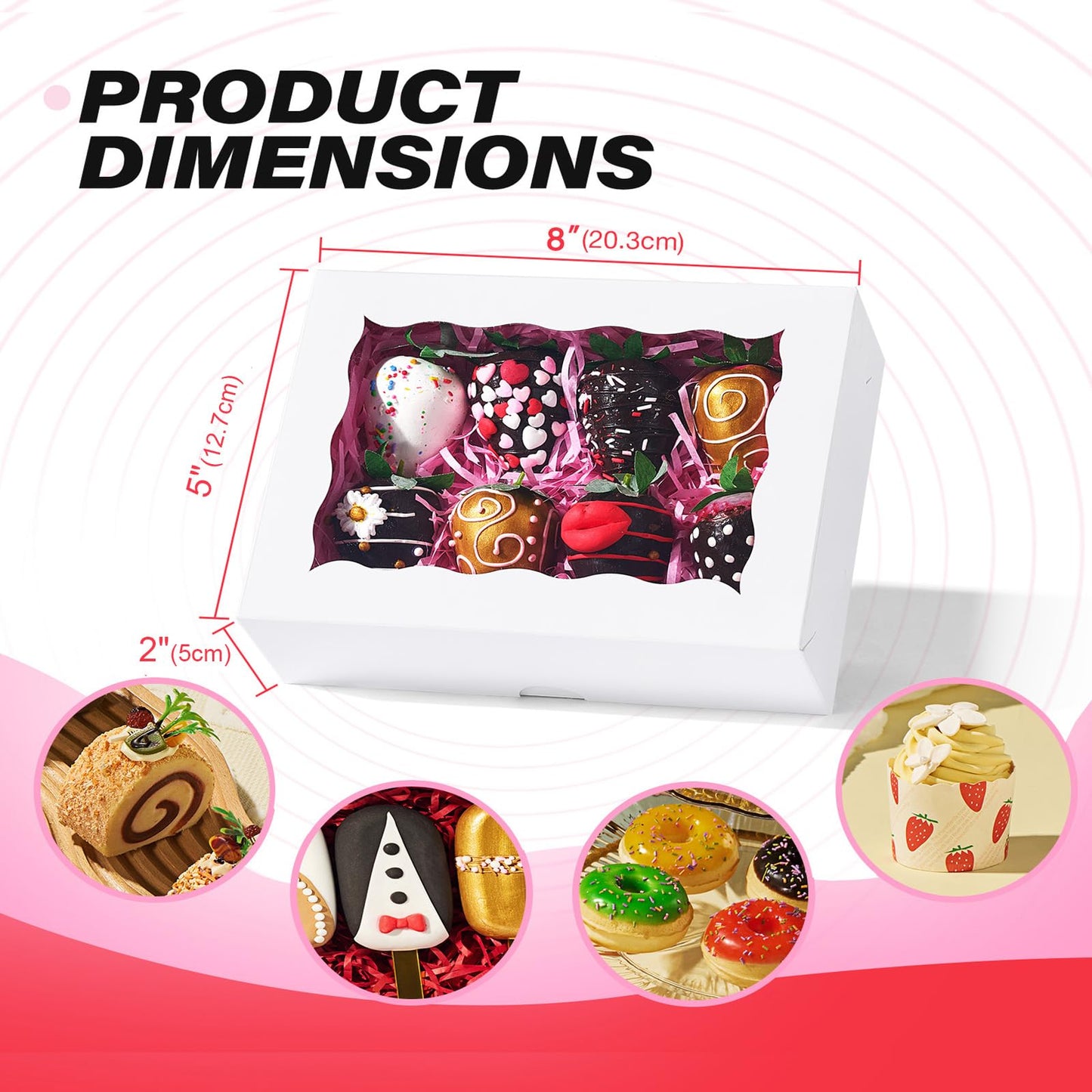 RomanticBaking 8x5x2 Inch 21PCS Cookies Boxes Chocolate Covered Strawberries Boxes Bakery Boxes with Window for Cakesickle Chocolate Truffle Pretzel & Party favors Packing