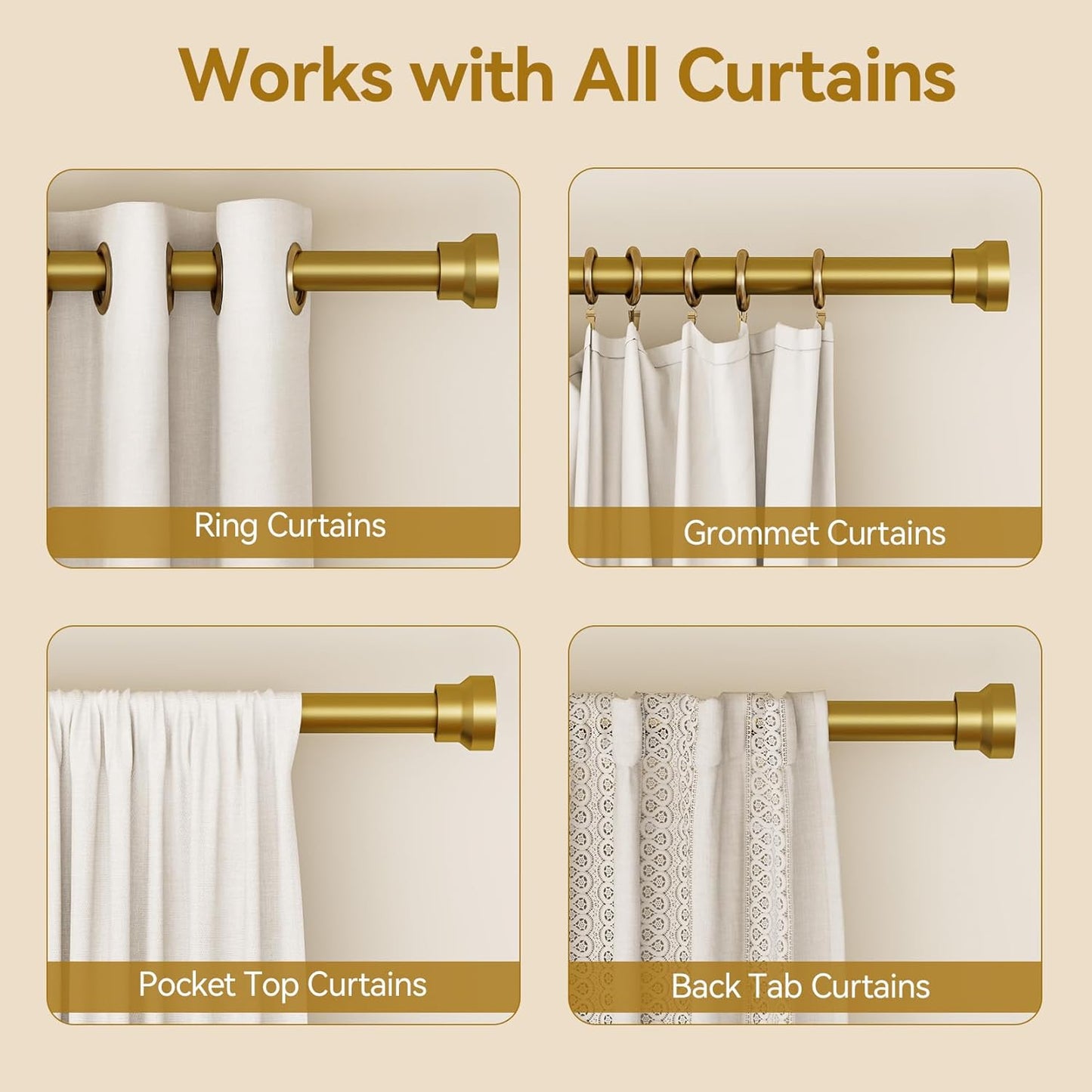 YaFex Curtain Rods - Heavy Duty 1 Inch Adjustable Window Treatment Rods | 32-58 Inch, Gold Finish