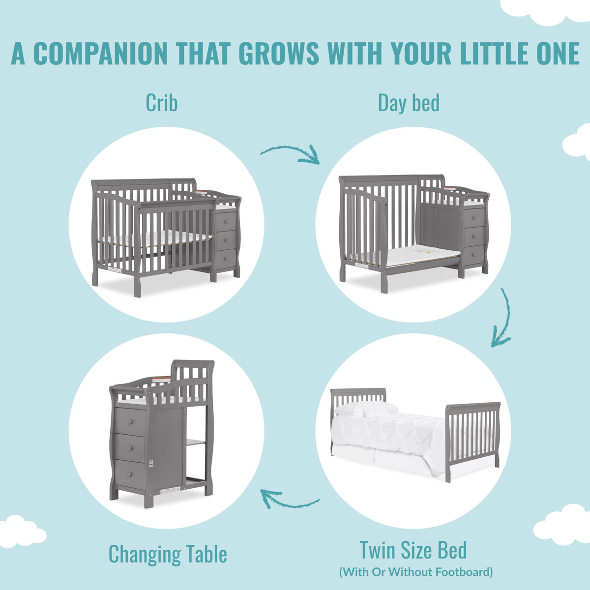 Dream On Me Jayden 4‑in‑1 Mini Convertible Baby Crib & Changer with Storage, Steel Grey, Pinewood, GreenGuard Gold & JPMA, 1” Mattress Pad, 3 Mattress Heights, Converts to Mini Day & Twin-Size Bed