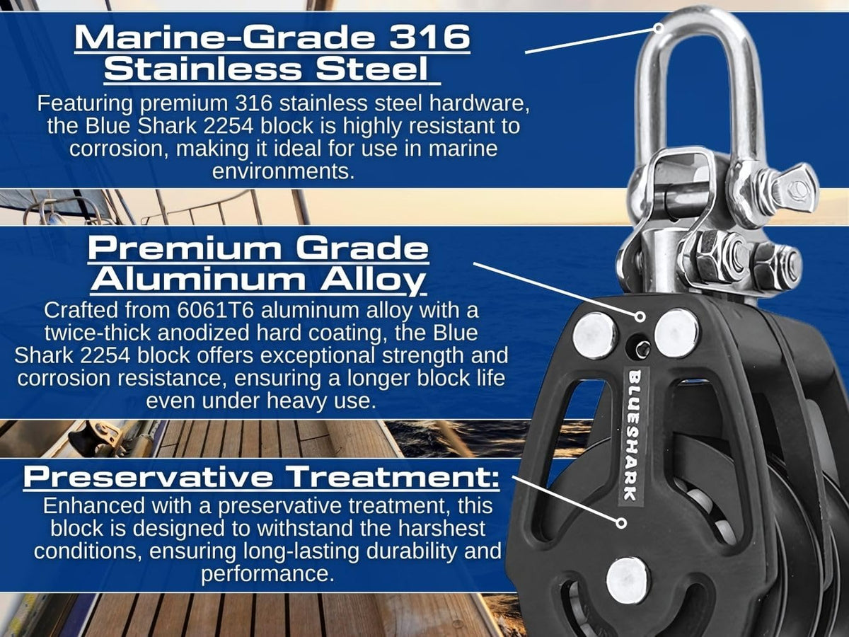 Blue Shark 2254-38 mm Fixed Double Aluminum Sailing Block - Max Line: 3/8” (10 mm), Safe Working Load (SWL): 1600 lbs, Breaking Load: 2850 lbs (1-Pack)