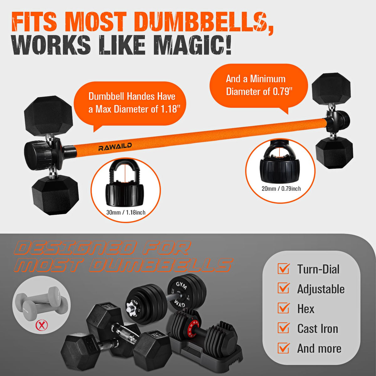Rawaild Dumbbell Converter, Convert Dumbbells to Barbell Set, Weight Bar for Bench Presses, Squats, Hip Thrust, Deadlifts, Home Weightlifting and Strength Training, Versatile Home Gym Equipment