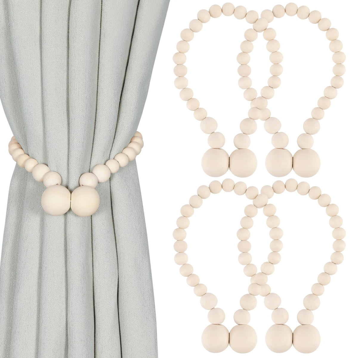 KLOGTSIND Magnetic Curtain Tiebacks, Curtain Tie Backs for Curtains 4 Pack, Wood Bead Curtain Tiebacks, Curtain Holders for Boho Bedroom Decor, Baby Nursery Decor, Farmhouse Decor