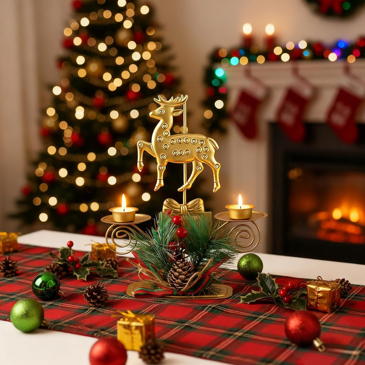 ABTOLS Reindeer Tealight Candle Holders - Festive Elk Gold Design with Red Berry | Perfect for Christmas Table Decor