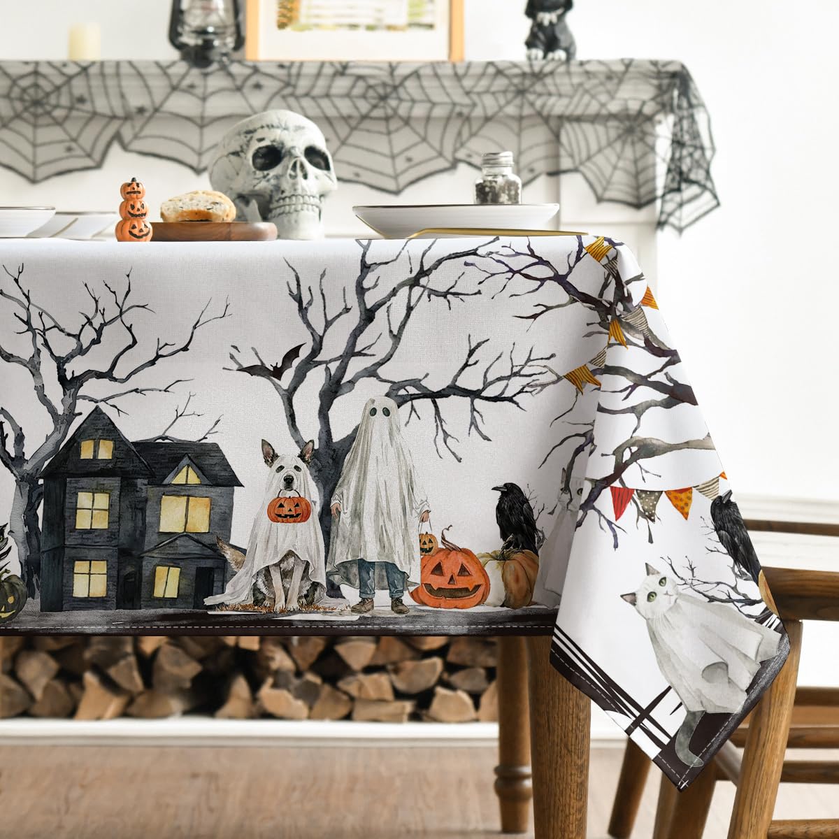 Horaldaily Halloween Tablecloth 60×104 Inch Rectangular, Jack-O-Lantern Pumpkin Cobweb Ghost Dog Washable Table Cover for Party Picnic Dinner Decor