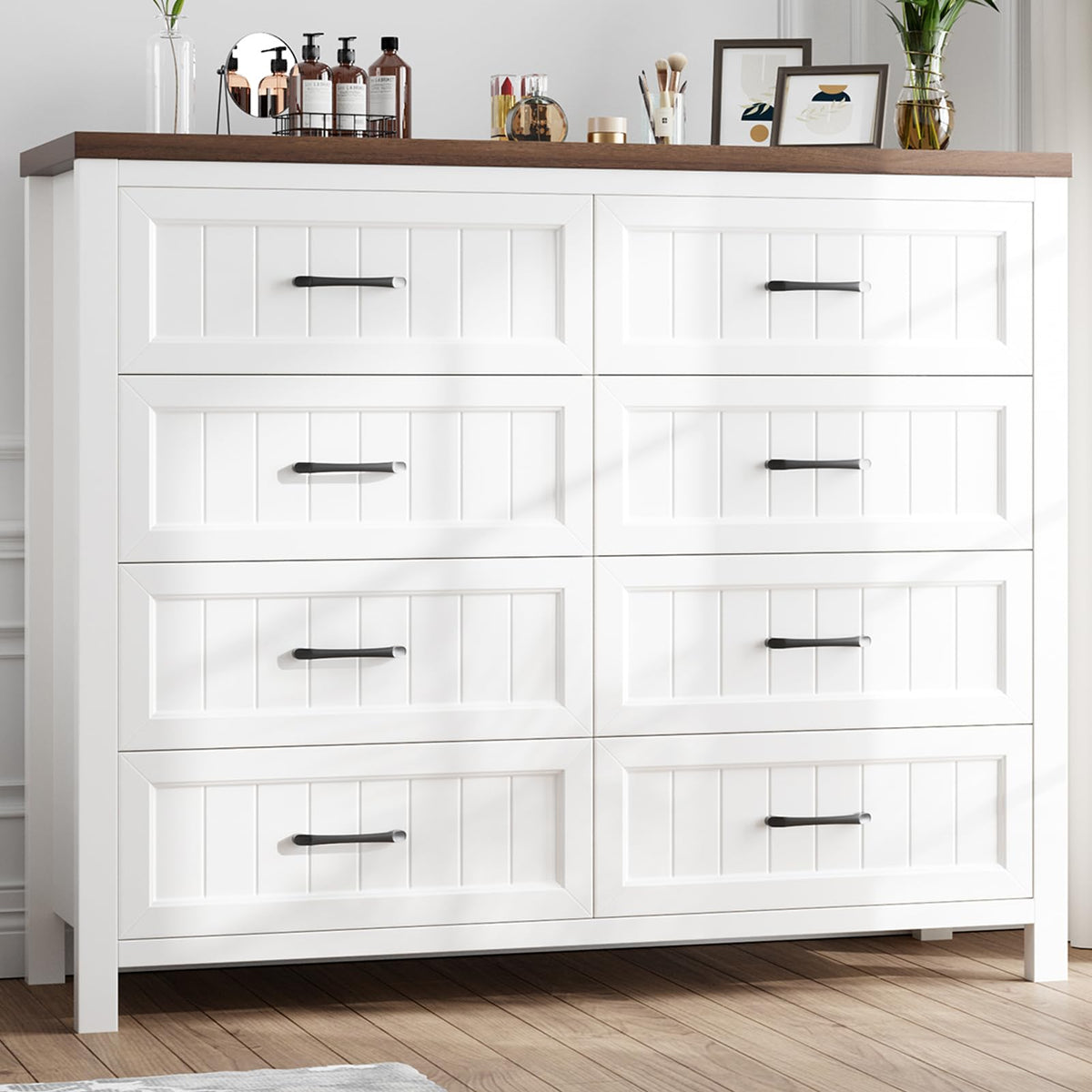 Jocoevol Farmhouse Dresser 8 Drawer Dresser for Bedroom, Large Wooden Dressers Double Grey Dresser with Deep Drawers Dressers for Hallway, Entryway (White and Brown)