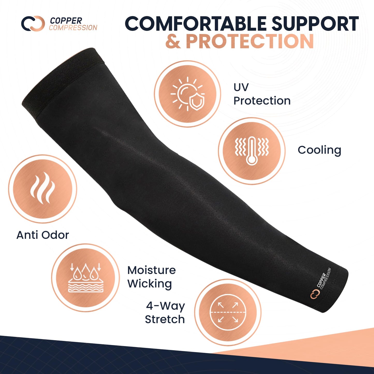 Copper Compression Arm Sleeve - Copper Infused Full Arm Brace for Forearm, Bicep, Triceps - Tennis Elbow, Basketball, Golf, Arthritis, Tendonitis, Bursitis, Post Surgery Rehab - Odor Resistant - Black - L