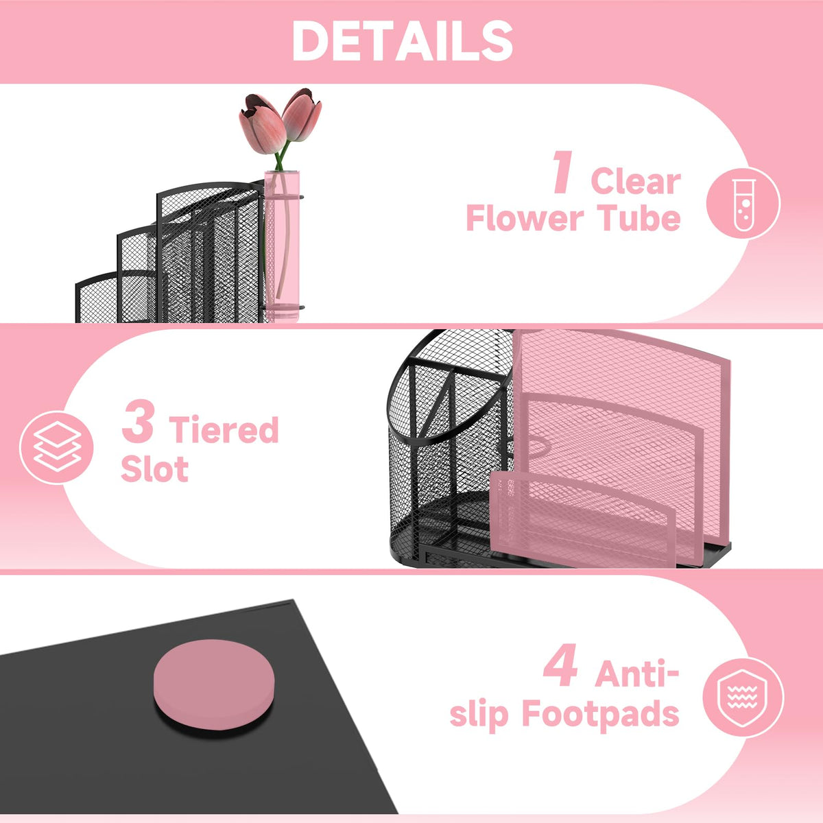 SUPEASY Desk Organizer with 3 Compartment Pen Holder, 3-Slot Mail Organizer and Flower Tube, Metal Mesh Bill Organizer for Pencil, Envelope, Letter and Office Supplies, Black