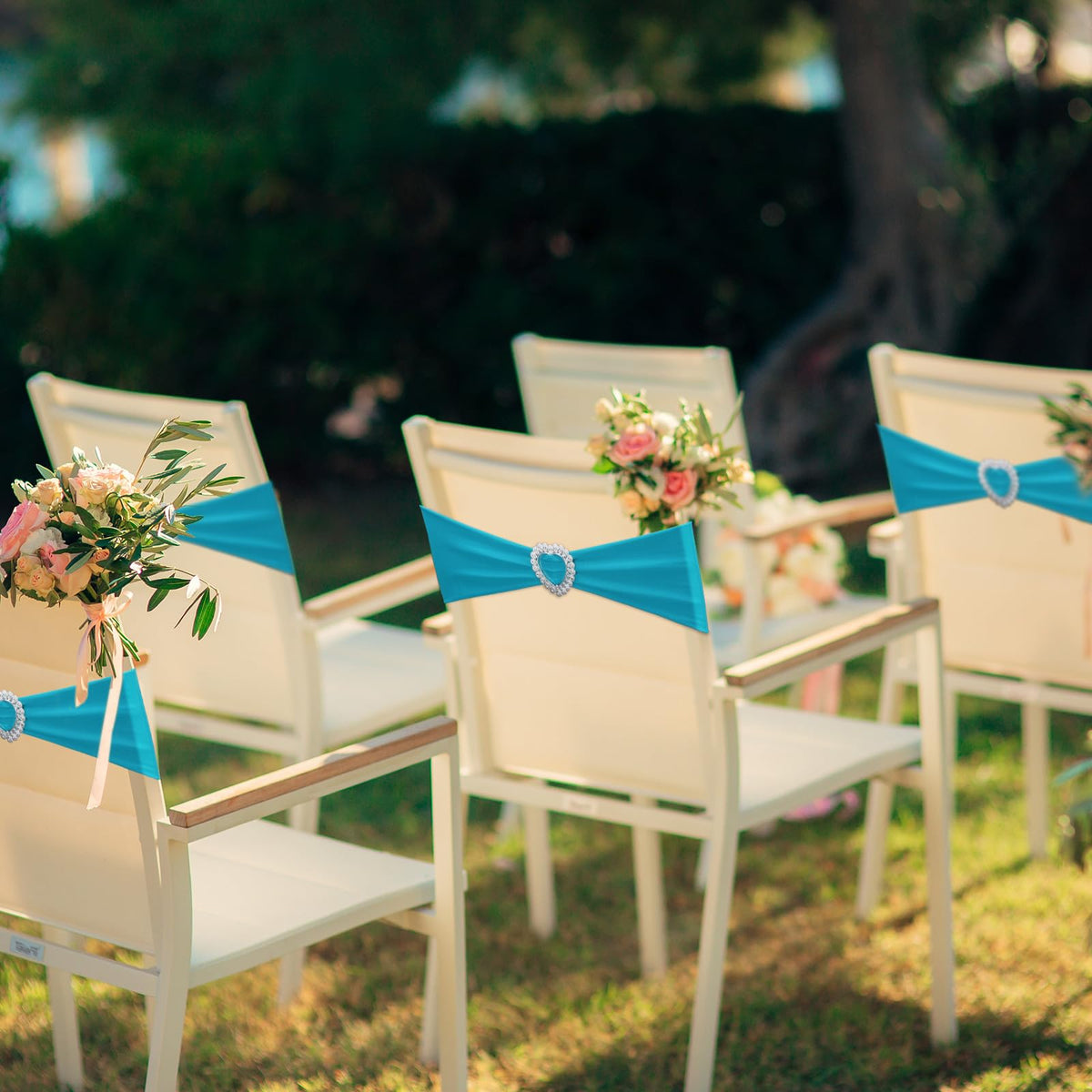 VitalCozy 100 Pcs Spandex Chair Sashes with Heart Shaped Buckle Slider Stretch Chair Cover Band Universal Elastic Ties for Wedding Banquet Event Party Decoration(Turquoise)