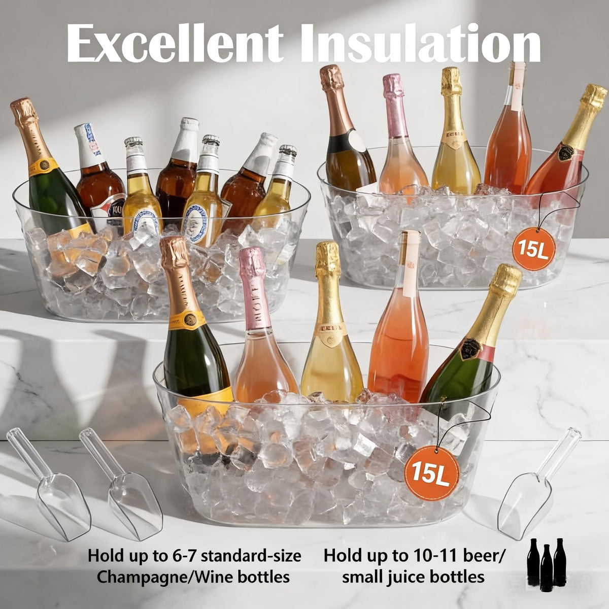 4 PCS Ice Buckets for Parties, 15L Large Ice Bucket, 4 Gallon Champagne Bucket with Scoops, Beverage Tub Mimosa Bar Supplies for Champagne, Beer, Cocktail