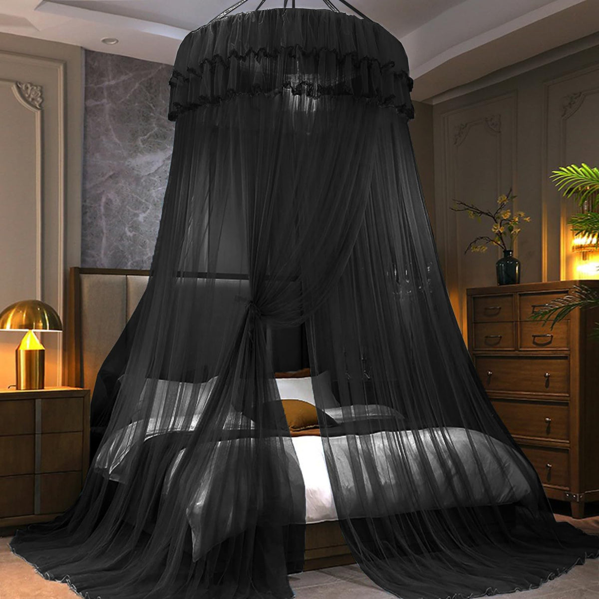 Kertnic Mosquito Net Bed Canopy for Girls, Princess Canopy Bed Curtain Fine Sheer Mesh Dome Bed Canopies, Girls & Adults Lace Tent for Twin Full Queen King Bed (Black)