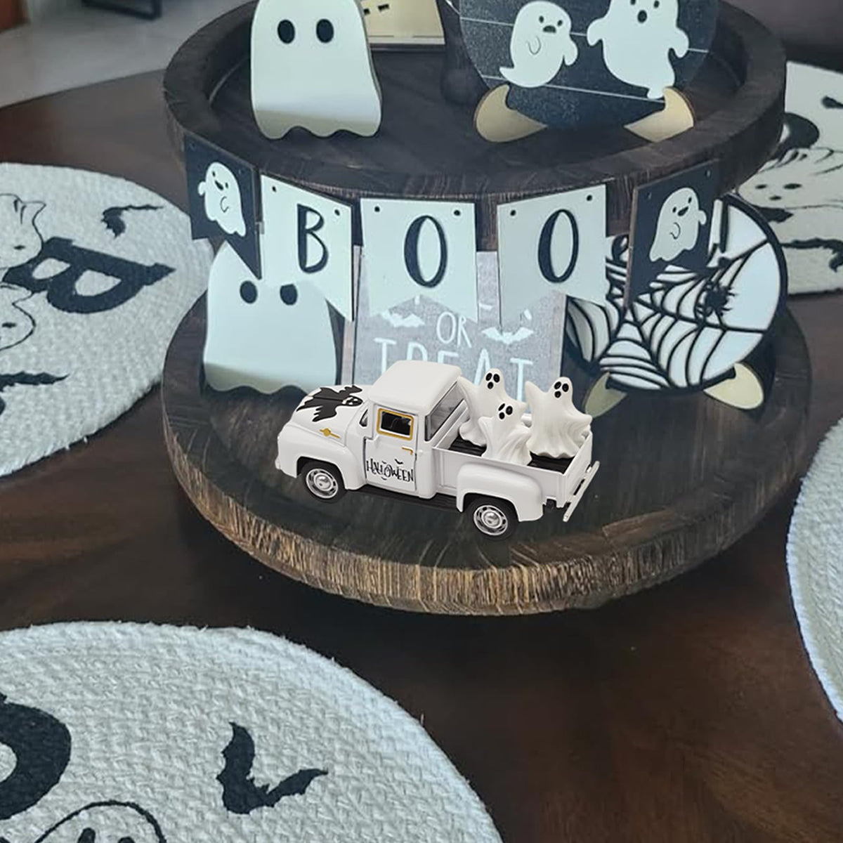 YimiBloss Halloween Decorations - Mini Cute Farmhouse Style Halloween Metal Truck Decor with 3 Removable Mini Ghost Ornaments for Tabletop, Tiered Tray, Shelf, Fireplace and Home Indoor Décor
