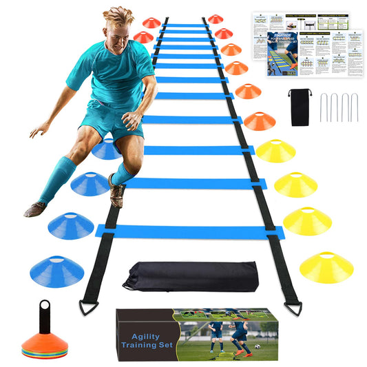 YGORTECH Soccer Training Equipment Set - 20FT Agility Ladder, 16 Soccer Cones, Speed and Agility Training Equipment for Indoor/Outdoor Practice Blue Ladder