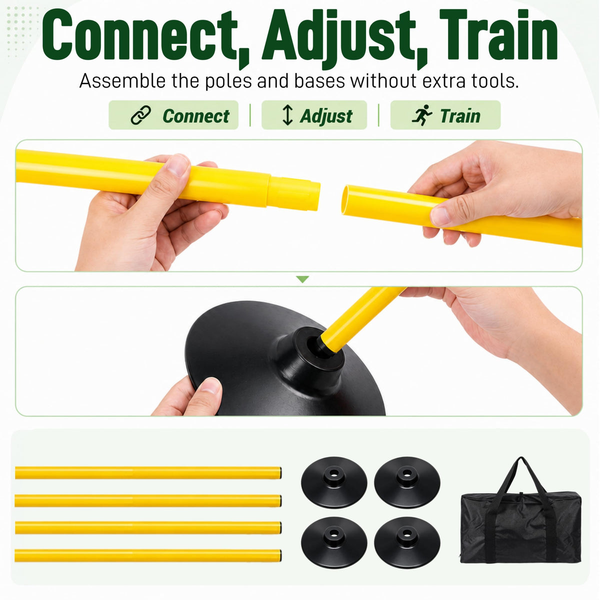 6 Pack Soccer Agility Training Poles, 5 FT Adjustable Speed and Agility Training Equipment for Football/Basketball/ Dog Practice, Bending Poles for Horses with Rubber Bases and Carry Bag (Yellow)