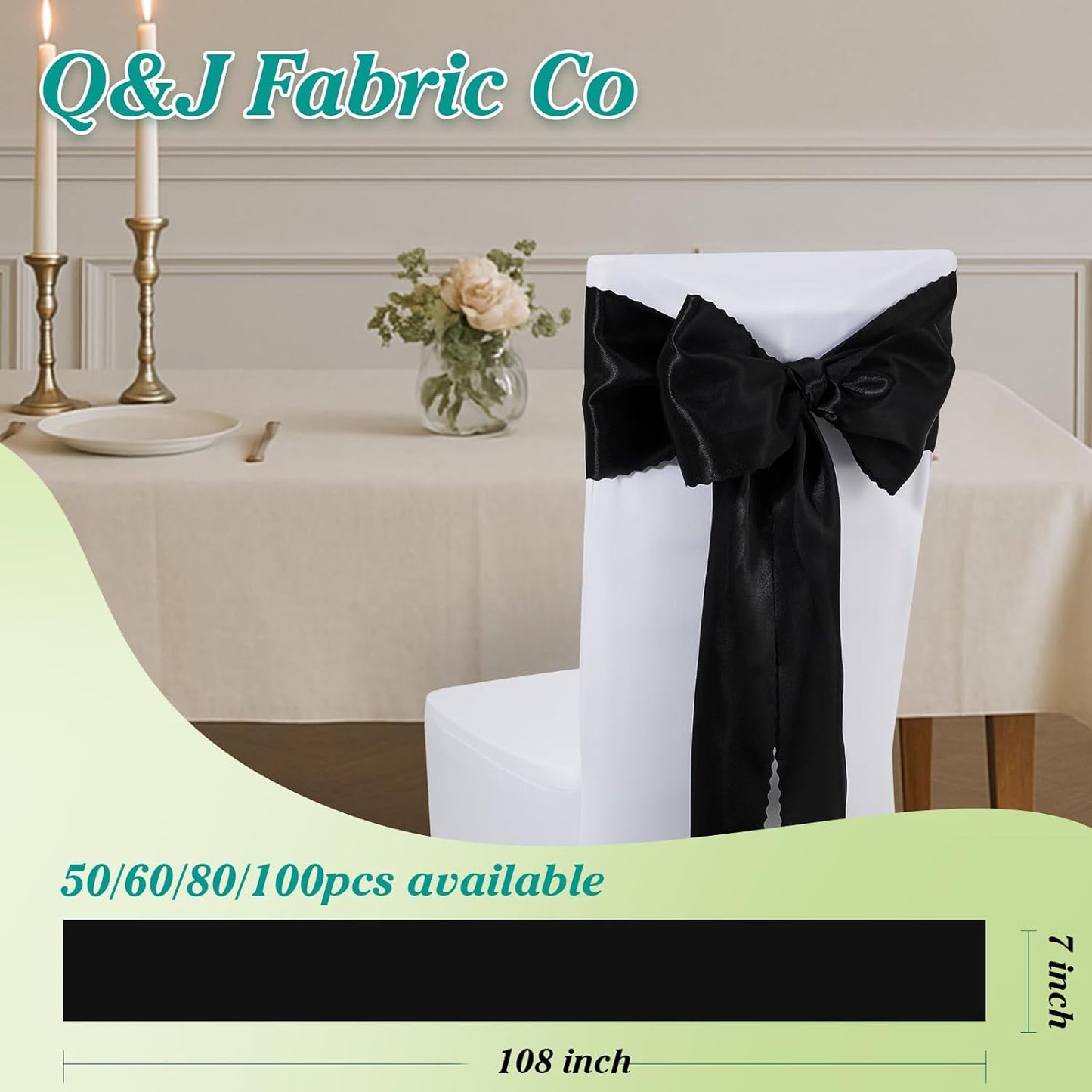 Skiennix Black Satin Chair Sashes - Upgraded 7" x 108" Ties for Weddings & Events | Pack of 50