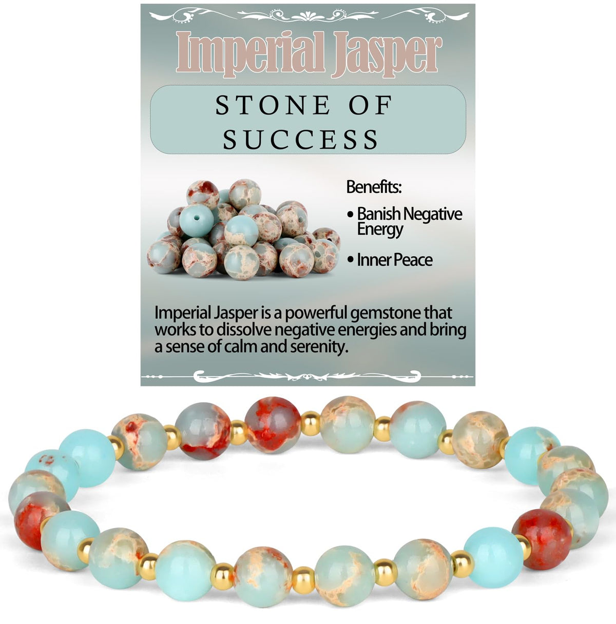 QOGIR Imperial Jasper - Stone of Success - 14K Gold Plated Beads Natural Gemstone Stretch Elastic Dainty Healing Beaded Bracelets Gifts 6mm