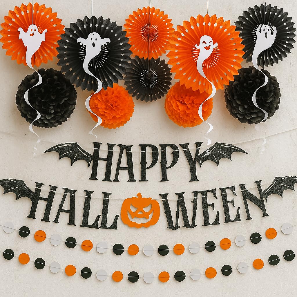 KatchOn, Halloween Decoration Bundle – 71 Pack Hanging Halloween Set with Banner, Garlands, Ghost Swirls, Pumpkins And Orange And Black Decoration Set with Fringe Backdrop And Balloon Arch Kit