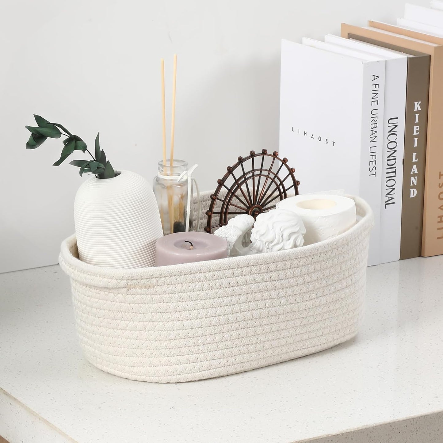 Skiennix Small Woven Baskets - Cute Nursery Storage with Gift Bags & Ribbons | 12"x 8"x 5", White