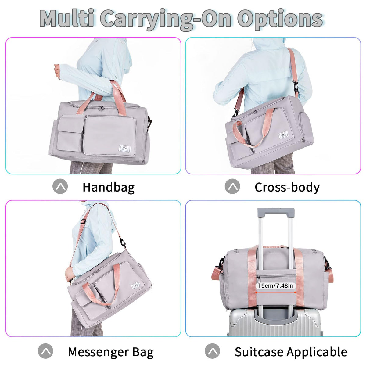 FIORETTO Women's Gym Duffle Bag with Shoes Compartment, 30L Capacity, Ideal for Travel, Gym, Sports, Duffel, Weekender, with Toiletry Bag, Grey & Pink