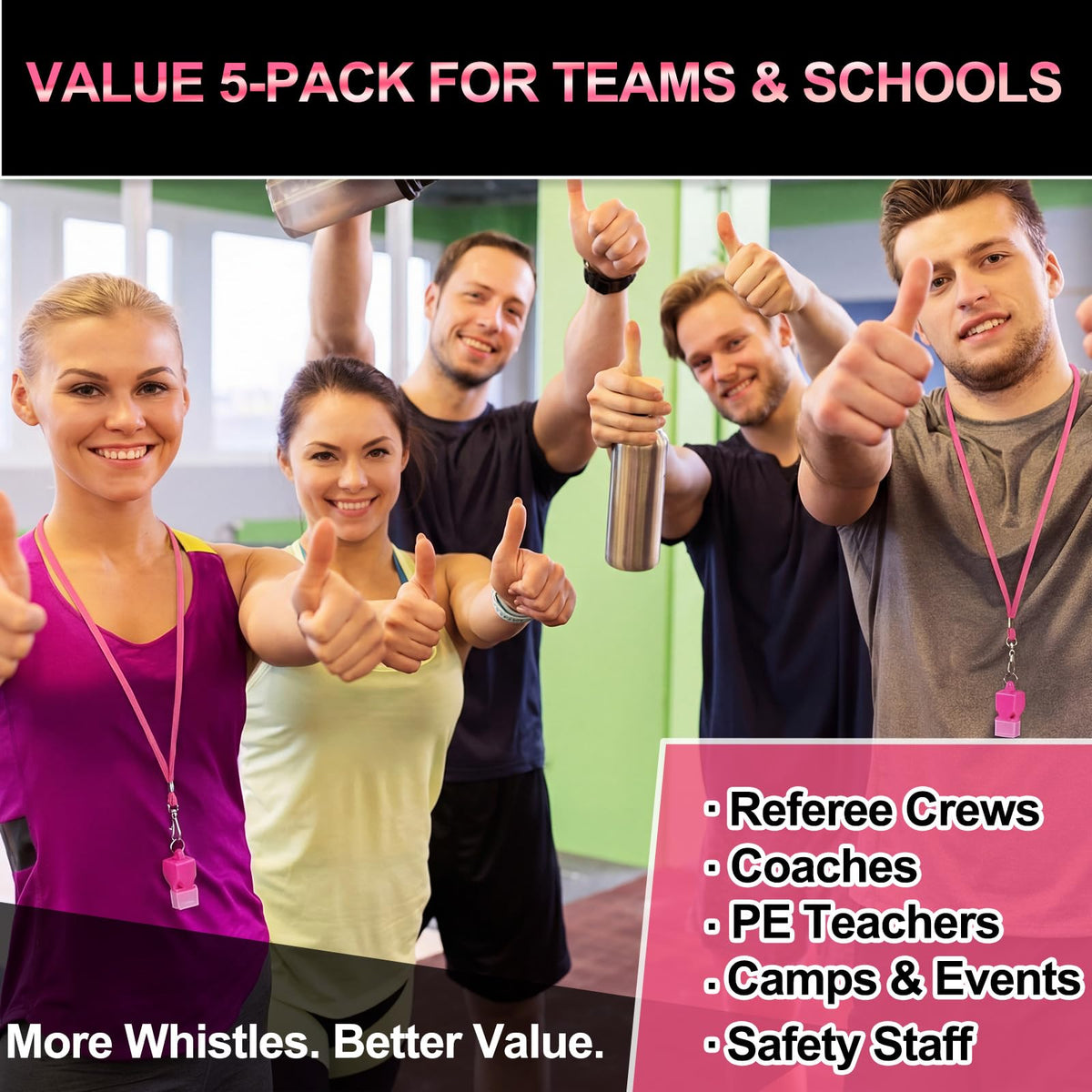 Junkin 5 Pack Pealess Referee Whistles with Lanyards, Loud Crisp Sound, Cushioned Mouthpiece for Coaches, Referees, Teachers, Lifeguards, Sports, Safety & Emergency Use(Pink)
