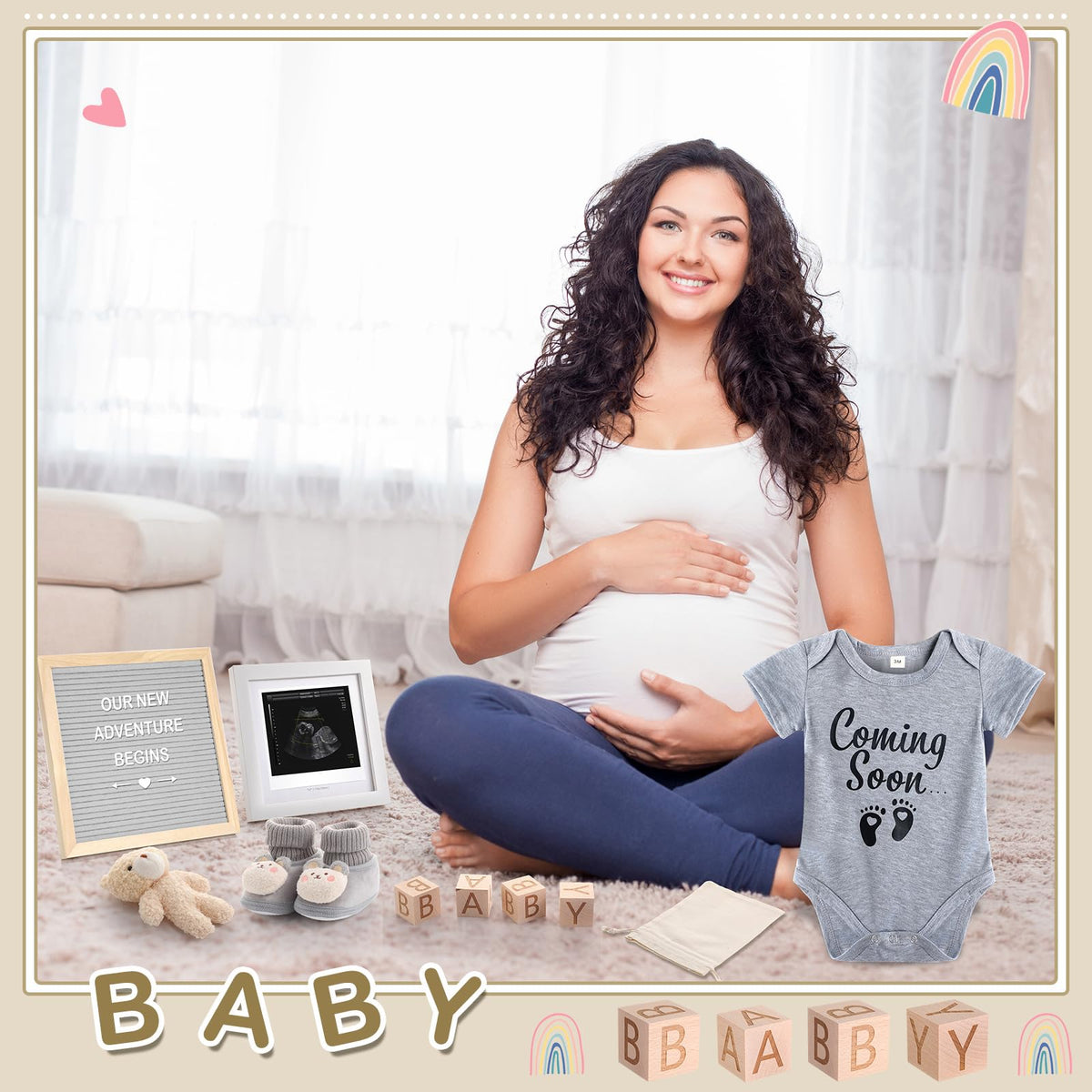 Canlierr 9 Pcs Pregnancy Announcement Set Pregnancy Reveal Ideas Felt Letter Board Baby Bodysuit Booties Photo Frame Bear Plush Wood Blocks for Coming Soon Baby Announcement(Gray)