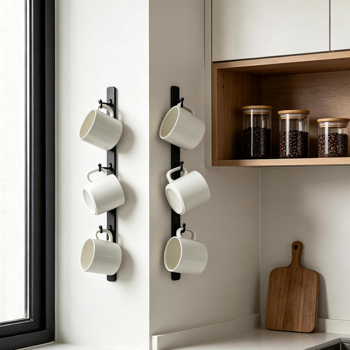 Yohsnor Coffee Mug Rack Set of 2 - Stylish Black Iron Coffee Cup Holder with 6 Hooks, Mounted Shelf for Kitchen & Office, Space-Saving, Easy to Install, Durable & Sturdy Hanger Racks