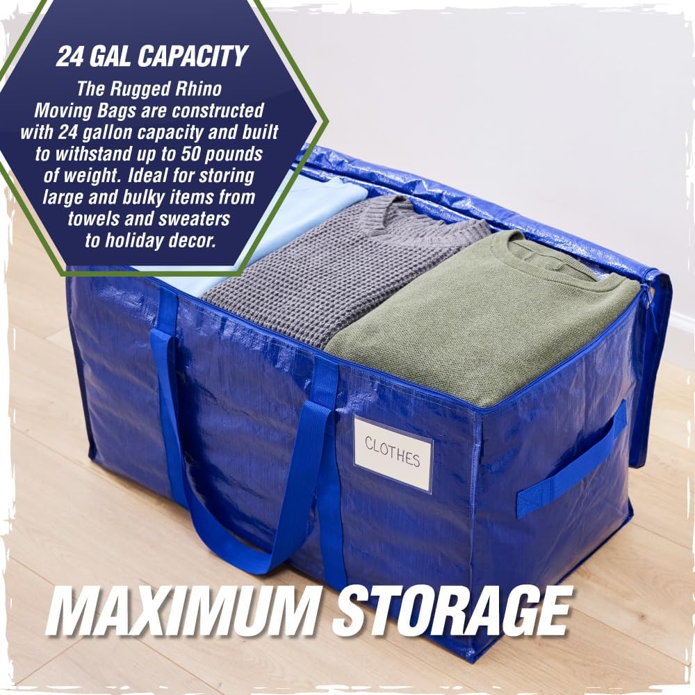 RUGGED RHINO Heavy Duty Extra Large Moving Bags - Durable Blue Storage Solution with Zipper & Strong Handles | 2 Pack