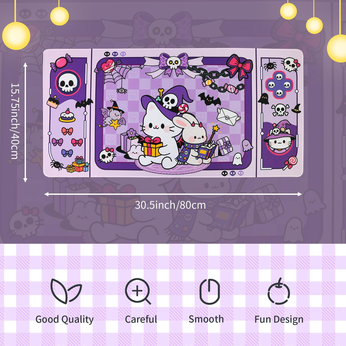 PERFECTSIGHT Cute Cat Desk Pad Kawaii Kitty Desk Mat, Large Gaming Mouse Pad, Funny Halloween Deskmat Mousepad, Anime Laptop Keyboard Pad Office Home Decor for Women Girls, Purple