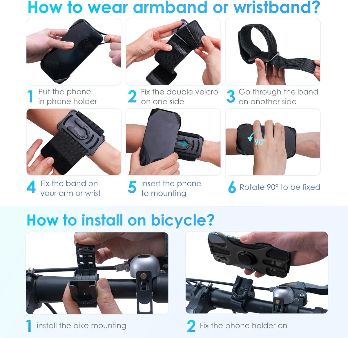 Cikyner Running Armband, 3 in 1 360° Rotatable & Detachable Sports/Bicycle Phone Holder for 4.5-7'' Smartphones, Ideal for Gym, Jogging, Hiking