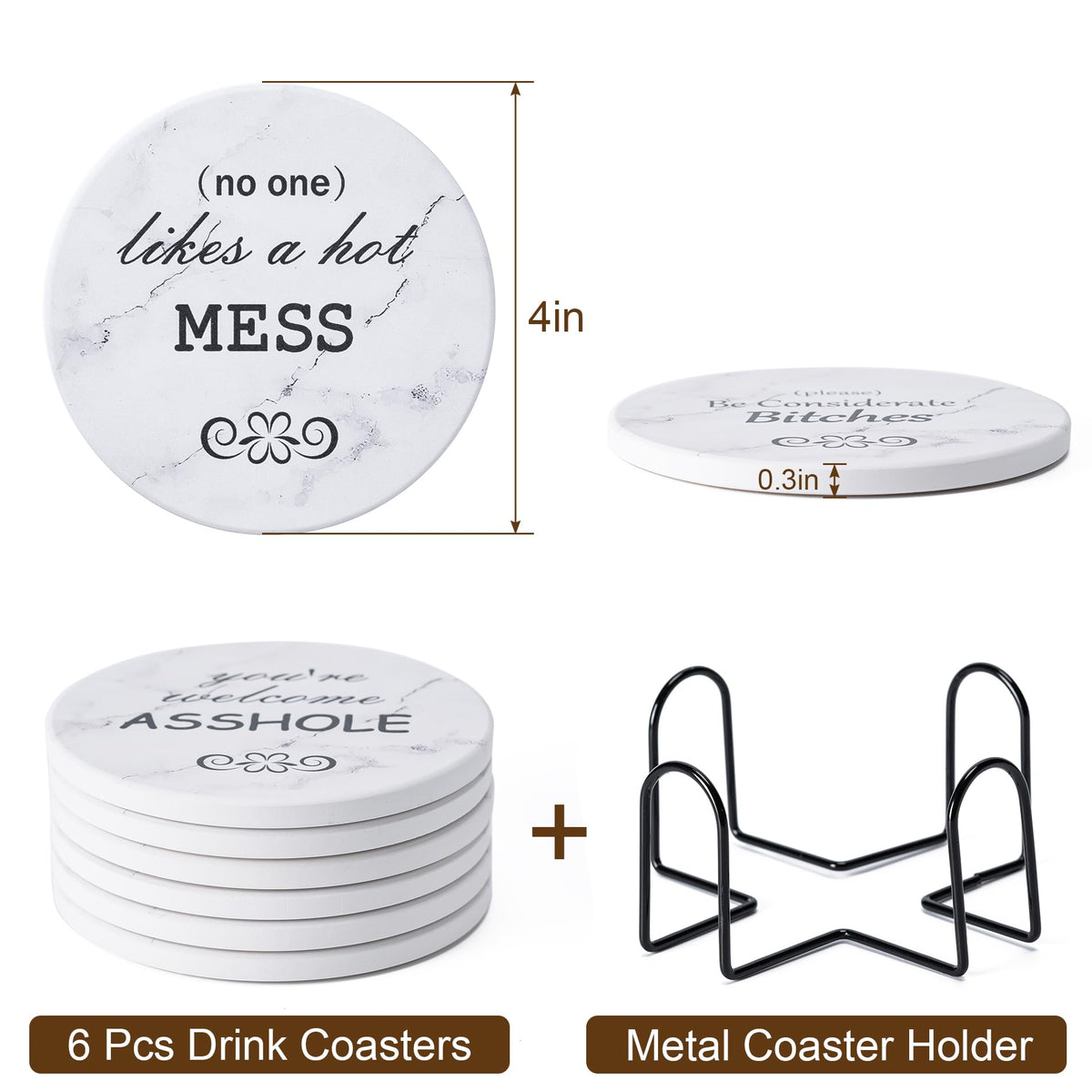 Hoewina 6Pcs Drink Coasters with Holder, Marble Style Ceramic Drink Coaster, Absorbent Coasters Set Suitable for Kinds of Cups, Modern Style Coasters for Coffee Table, 4 Inches（Style 10）