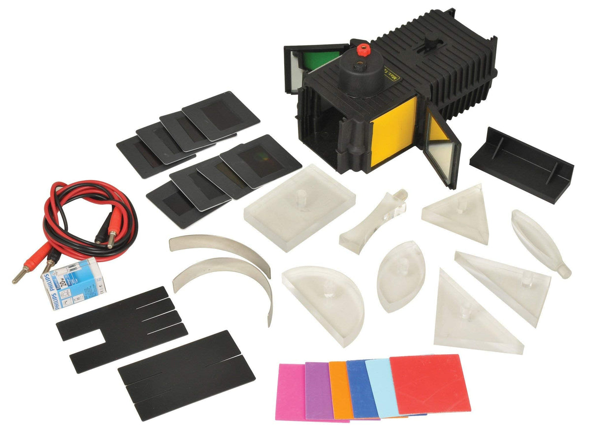 EISCO Deluxe Optics Kit - Mirrored Light/Ray Box & 29 Optical Components - Includes Manual with 18 Activities